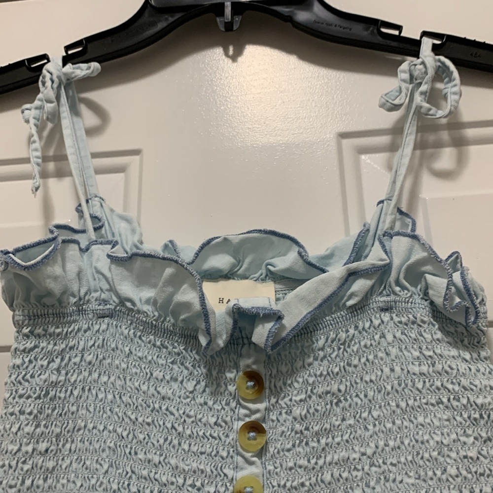 3/$15 Harper Heritage blue size XXS ruffled smocked baby top with beige buttons - Picture 2 of 6